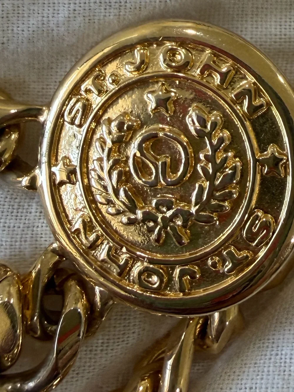 Vintage St. John Knits Gold Triple Strand Crest Coin Chain Belt